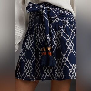 Anthropologie Rimbaud Tie-Waist Navy Ikat Mini Skirt Small Boho Hippie Tassels